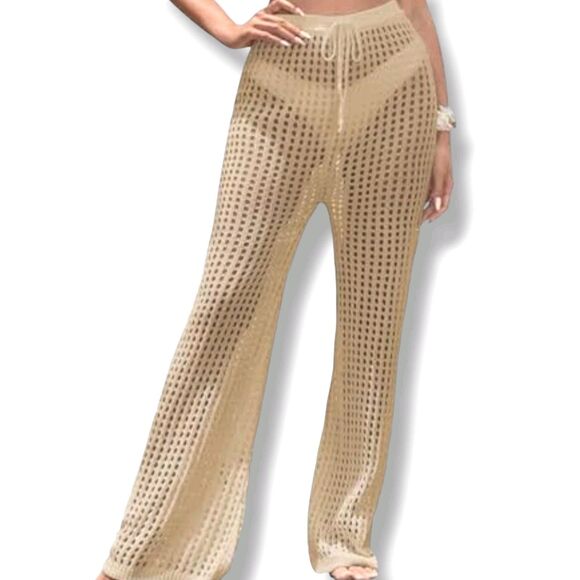 Pants - Blanco S Boho Crochet Flare Pants Open Knit Fabric Tan Beige Coastal Cowgirl NWT